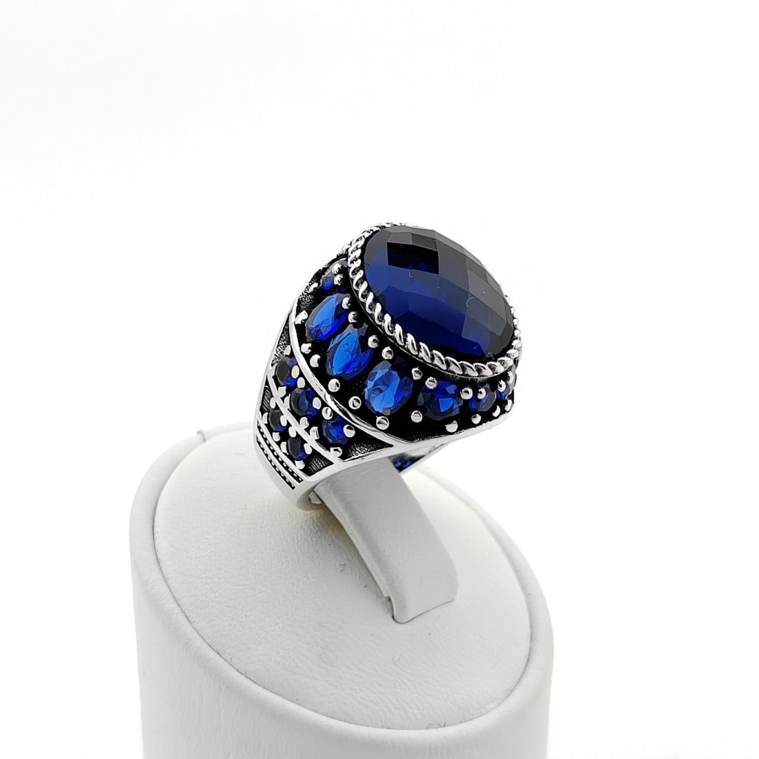 925 Silver Men's Ring with Facet Cut Blue Zircon and Blue Zircons (1 of 8)