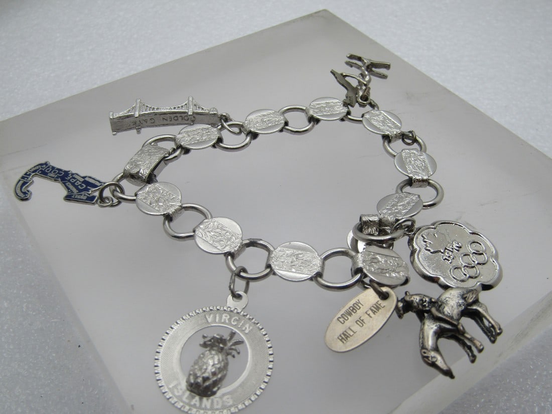 Vintage Sterling Charms on Sarah Cov. Bracelet, 7.25", 1960's-1970's (1 of 5)