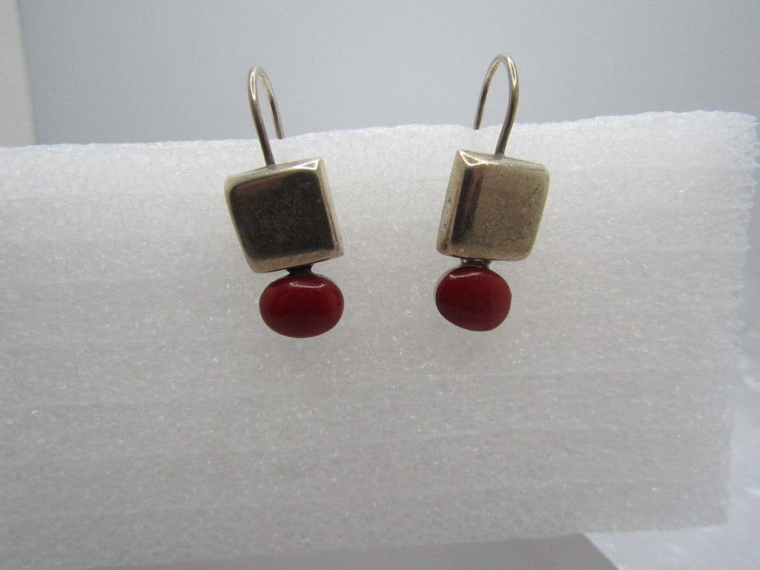 Vintage Sterling Stud Dangle Earrings, Pierced, Red Glass Drop, 1980's-1990's (1 of 5)