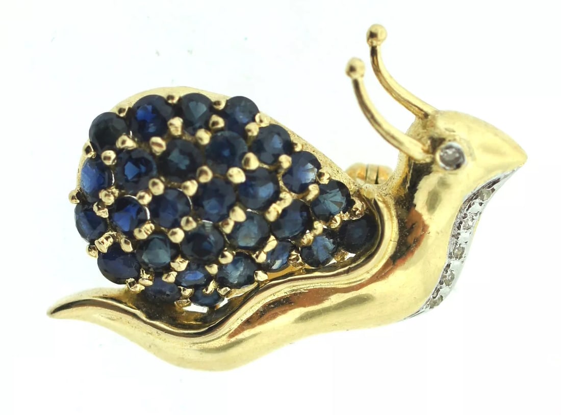 ADORABLE 14K YELLOW GOLD SAPPHIRE DIAMOND SNAIL PIN BROOCH BY S.C. STAMPED (1 of 1)