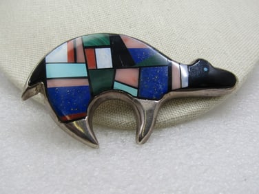 Vintage Sterling Navajo/Southwestern Inlaid Bear Pendant, Signed Larry Moses Yazzie (LMY)
