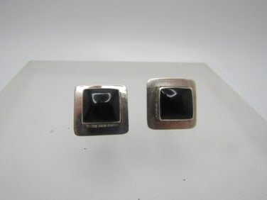 Vintage Sterling Onyx Earrings, Pierced, Mexican, 1970's-1980's, Signed