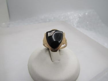 Vintage 10kt Onyx Diamond Ring,  Sz. 4.75, Shield Shape, Mid-Century, Signed