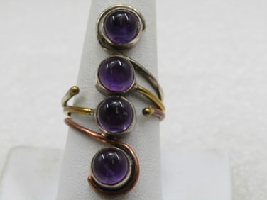 Vintage Sterling, Copper, Gold Amethyst Long Ring, Modernist, Sz. 9