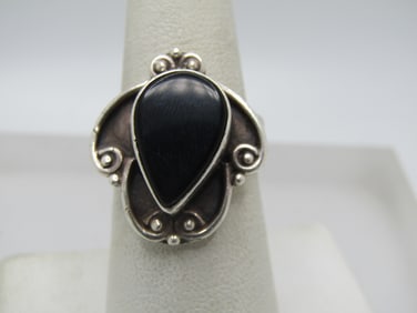 Vintage Sterling Southwestern Onyx Ring, Sz. 7.5, 1970's-1980's