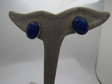 Vintage Sterling Egyptian Revival Blue Scarab Earrings, Signed WRE, 1960's, Screwback.
