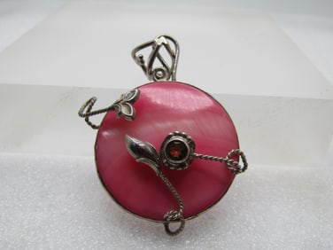 Vintage Sterling Pink MOP & Peridot Pendant, 1980's-1990's, Hand Crafted