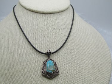 Vintage Sterling Turquoise Filigree Necklace, 20" Black Cord, Signed NF, 1980's-1990's