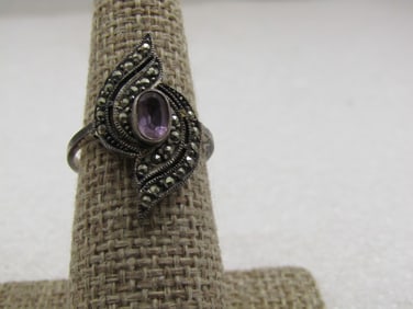 Vintage Sterling Marcasite Amethyst Bypass Ring , Sz. 8.25