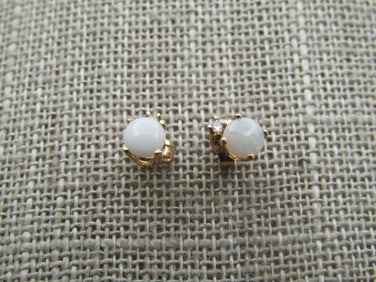 Vintage 14kt Opal Diamond Stud Earrings, Pierced,  Original Box, 1970's-1980's, Signed JED.