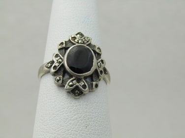Vintage Sterling Silver Onyx Marcasite Ring, Sz. 6.5