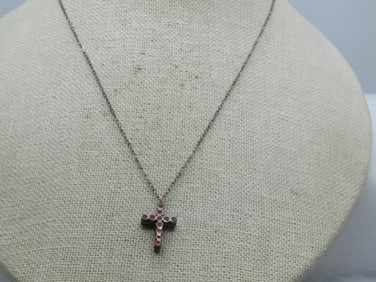 Vintage Sterling Southwestern Coral & Turquoise Cross Necklace, 16"