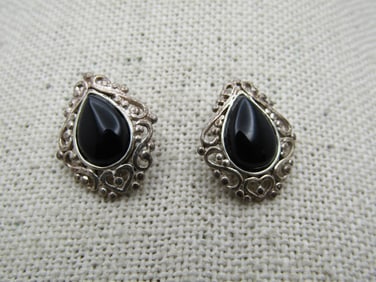 Vintage Sterling Onyx Earrings, Pierced, Signed BY,  Southwestern Themed