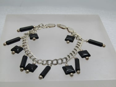 Vintage Sterling Black Onyx Dangle Bracelet, 7" , 1980's-1990's