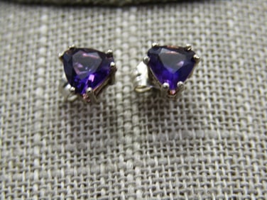 Sterling Silver Trilliant Amethyst Earrings, Pierced Studs