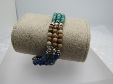 Sterling Southwestern Beaded Bracelet, Triple Strand, 7"-8", Signed QT