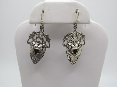 Vintage Sterling Onyx Scrolled Earrings, Pierced, 1980's-1990's