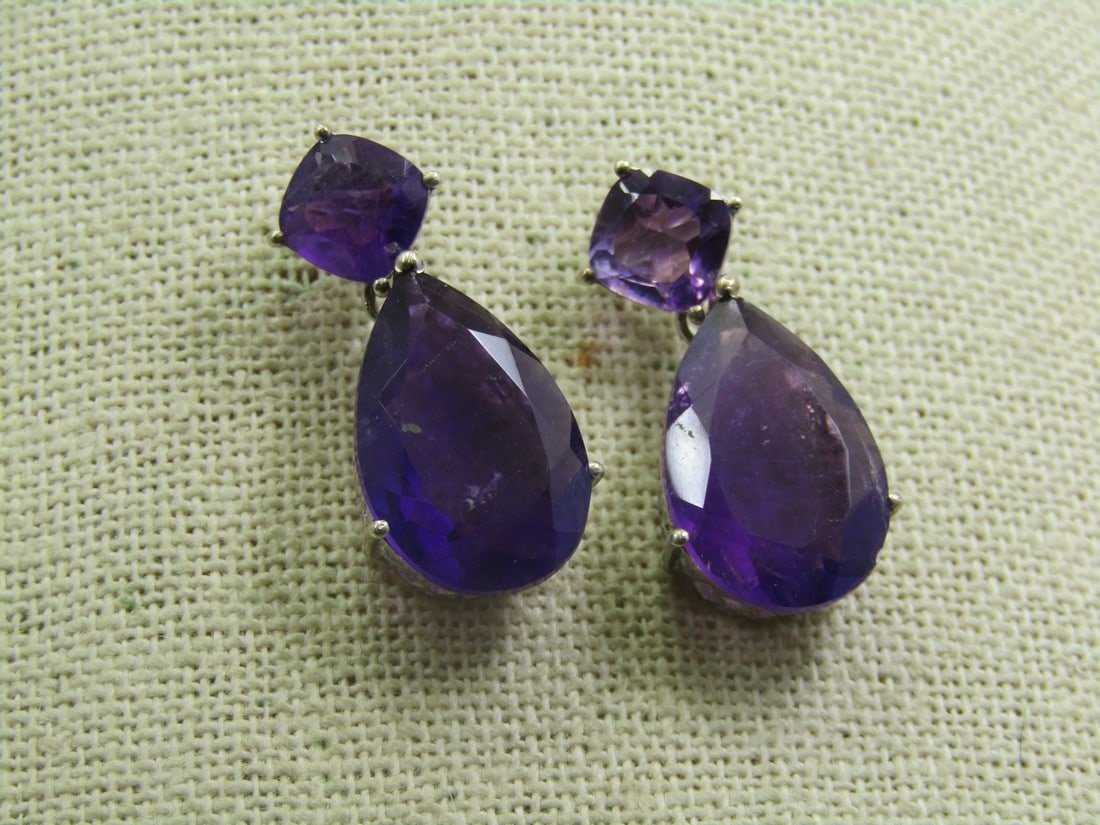 Sterling Amethyst Stud & Drop Earrings, Signed (1 of 5)