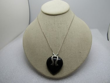 Vintage Sterling Black Onyx Heart Ribbon Necklace, 24". 1980's-1990's