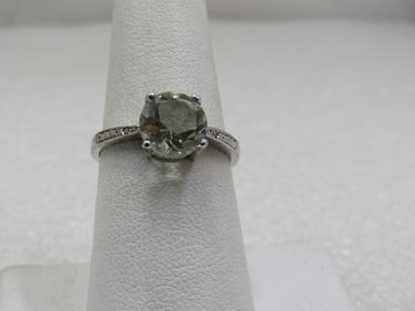 Sterling Silver Green Amethyst & Diamond Ring, Sz. 7, 1.8 CTW