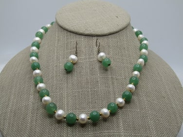 Vintage Jade & Pearl Necklace & Earrings Set, 17", Piercec, 1980's