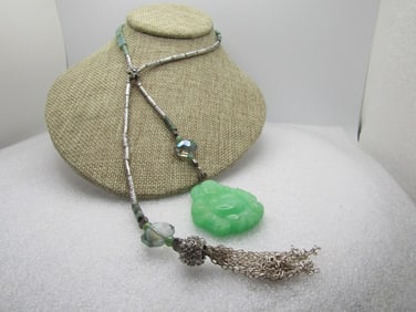 Jade Buddah Mixed Stone Tassel Necklce, Sterling Bail, 24" Plus 5" Dangle
