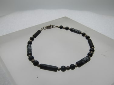 Vintage Sterling Snowflake Obsidian & Onyx Bracelet, 7.75", Southwestern Vibe.  1980's-1990's