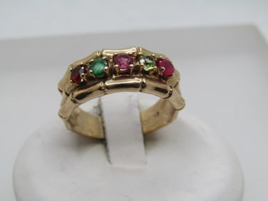 Vintage 10kt Mothers Ring, 5 Stones, Sz. 7, Signed GL, Bamboo Accents