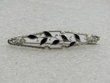 Vintage Sterling Enameled Black Leaf Brooch,, Marquise Rhinestones, 2", 1960's