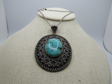 Vintage Sterling Southwestern Turquoise Coral Necklace.  18", 1980's-1990's