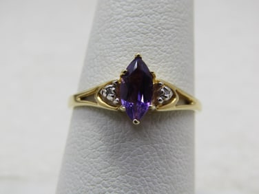 Vintage 14kt Marquise Amethyst Diamond Ring, Sz. 7, Signed