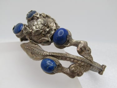 Vintage Sterling Dragon Bangle Bracelet, Screw Pin Clasp, Lapis Lazuli, 7"