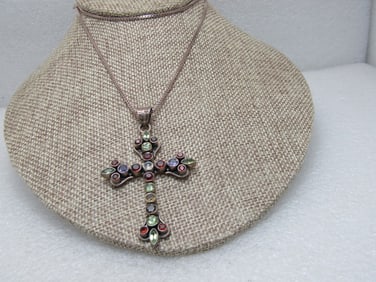 Vintage Sterling Silver Gemstone Cross Necklace, 24" Box Wheat Chain, 1980's.