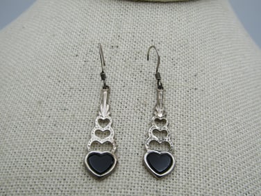 Vintage Sterling Onyx Heart Journey Earrings, Pierced, 1980's