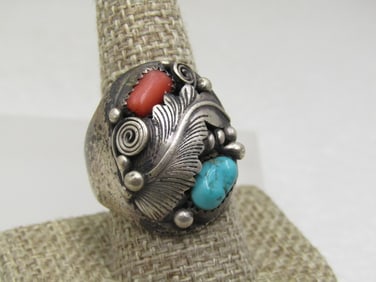 Vintage Sterling Southwestern Coral Turquoise Ring, Sz. 11, Old Pawn