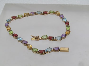 Vintage 14kt  Mixed Gemstone Tennis Bracelet, 8.5", 1980's