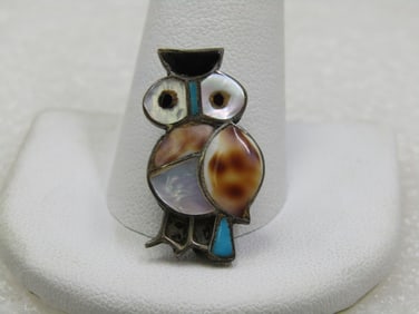 Vintage Sterling Southestern Inlaid Owl Pendant Brooch