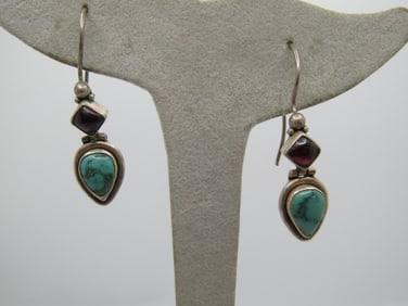 Vintage Sterling Southwestern Turquoise Amethyst Earrings, Pierced, 1980's-1990's