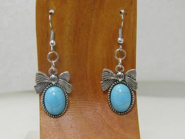 Faux Turquoise Bow Earrings, Pierced, 2"