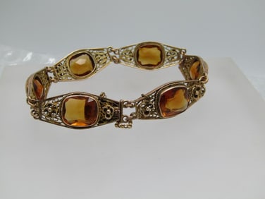 Vintage 14kt Citrine Link Bracelet, Safety Clasp, 7" , 18 TCW