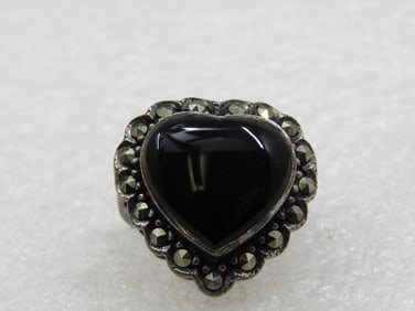 Vintage Sterling Onyx Heart & Marcasite Ring, Sz. 8.5