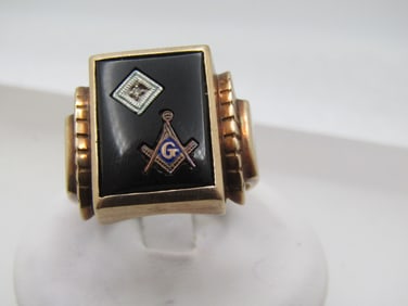 Vintage 10kt Masonic Onyx Diamond Ring, Sz. 10.5, Rectangular, Mid-Century