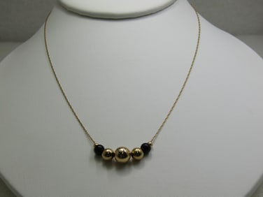 14kt Graduated Onyx & Gold Beaded Necklace, 16"