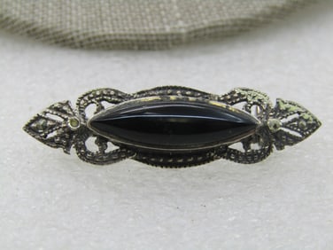 Vintage Sterling Onyx Marcasite Brooch, 1.5" by 1/2"