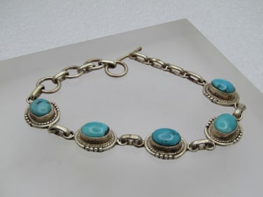 Vintage Sterling Southwestern Turquoise Bracelet, Toggle Clap, 8"
