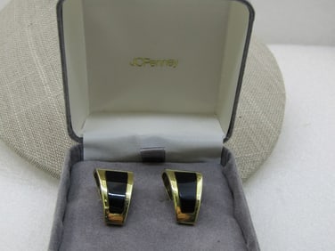 Vintage 14kt Inlaid Onyx Clip Earrings, Signed, 10.90 gr.