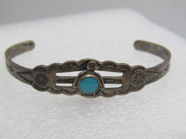 Vintage Sterling Southwestern Turquoise Thunderbird Cuff Bracelet, Youth, 5"