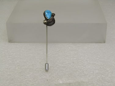 Vintage Sterling Southwestern Turquoise Stick Pin, 2.75", Safety Cap