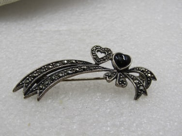 Vintage Sterling Double Heart Marcasite Brooch, 2"