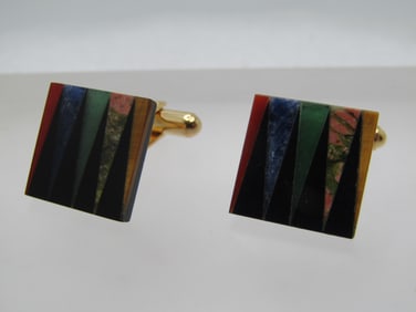 Vintage Inlaid  Mixed Hardstone Cufflinks, Signed Hayward, 1960's